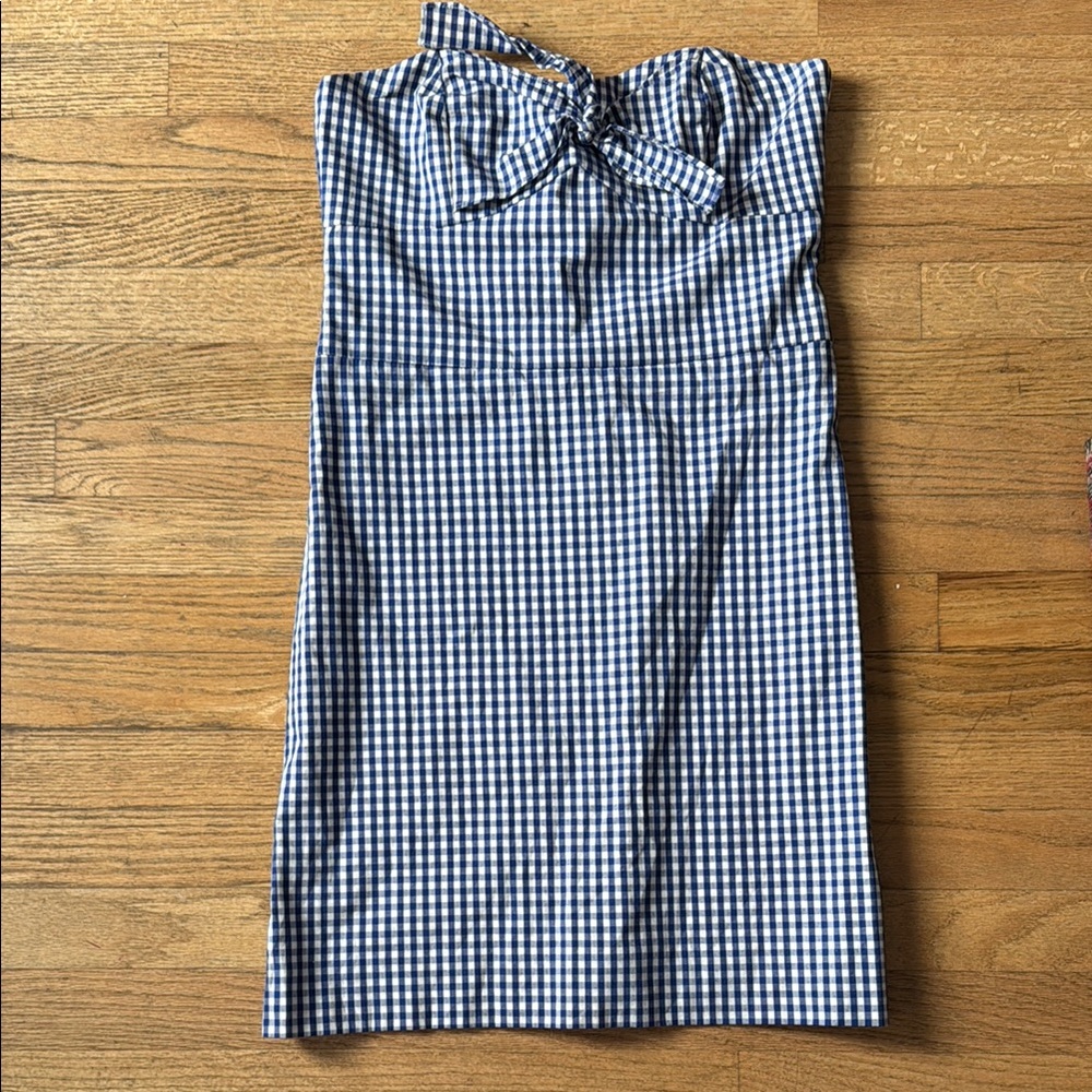 Blue Gingham Strapless Mini Dress